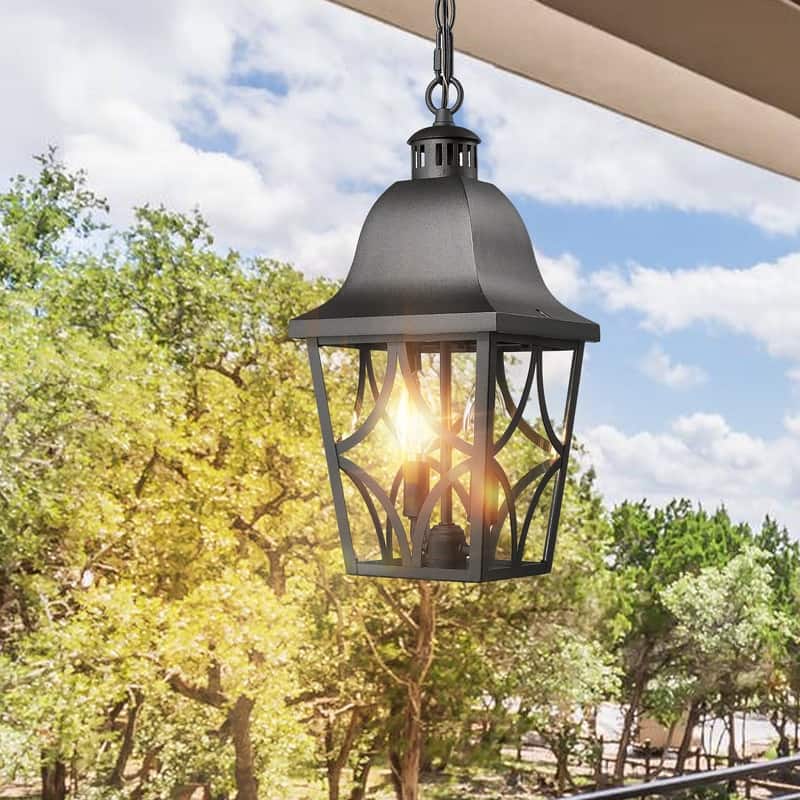 Modern Black Outdoor Pendant Light - Anti-Rust Hanging Lantern with Glass Shade for Porch, Front Door (1-Pack)