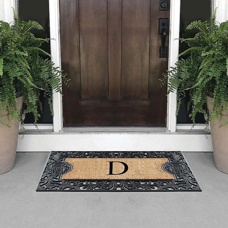 A1HC Floral Border Rubber and Coir Large Outdoor Durable Monogrammed Doormat, Black - 23" X 38"