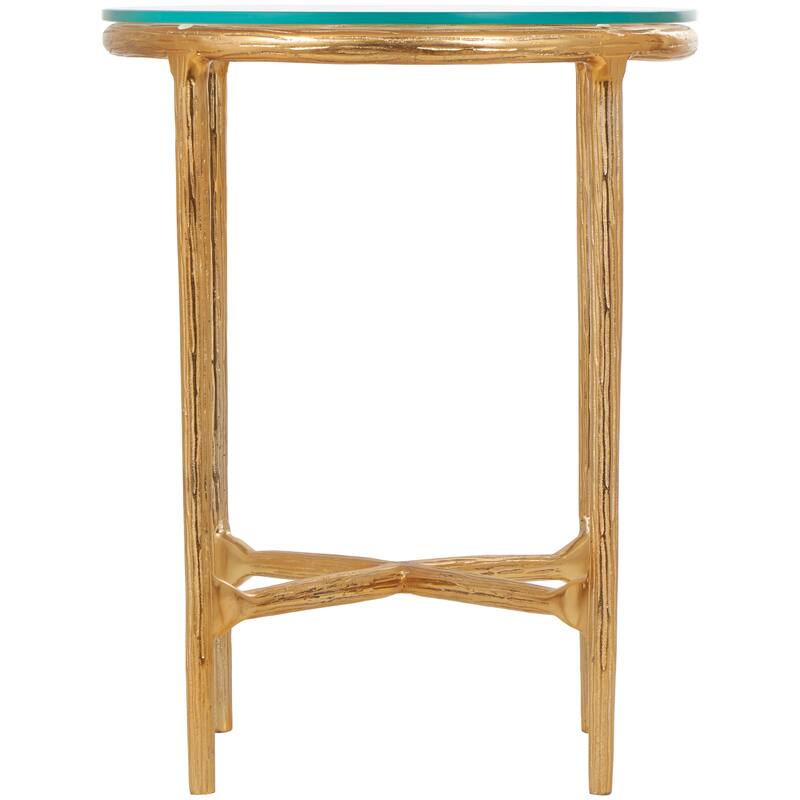 Gold or Silver Aluminum Metal Textured Accent Table with Glass Tabletop