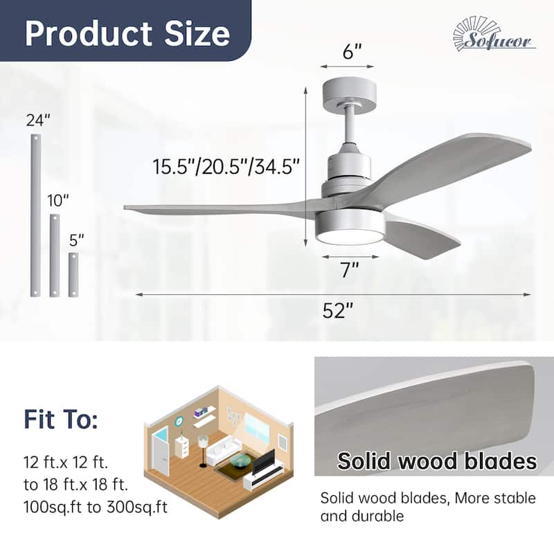 52" Solid Wood Noiseless 3-Blade Ceiling Fans with Dimmable LED Light Optional and Remote, 6-Speed Reversible DC Motor