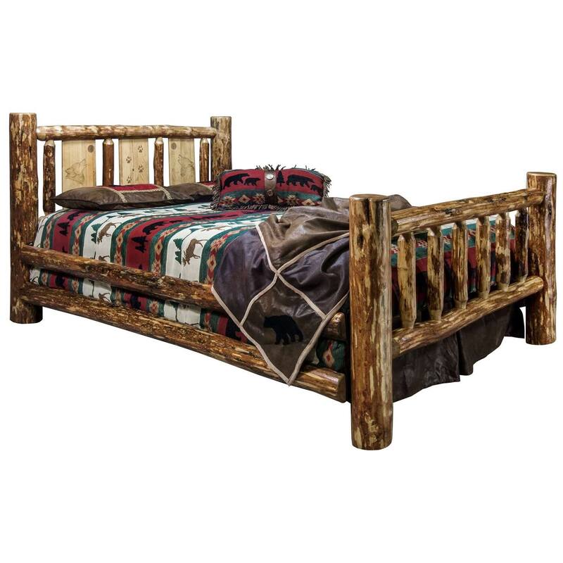 Rustic Full Bed - Laser Engraved Wolf Design - Pine Wood Frame - Heirloom Quality Bed