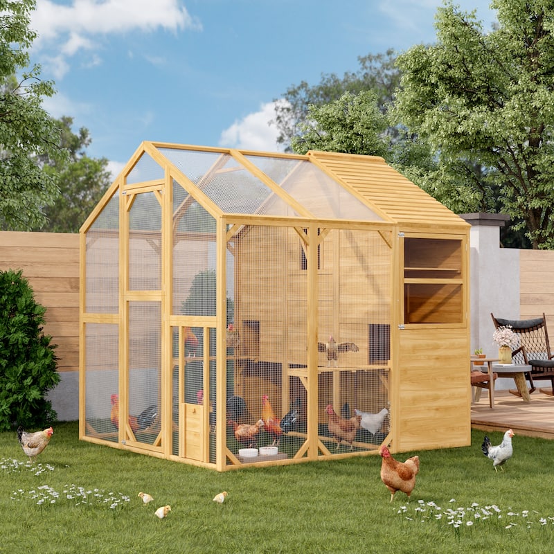Multi-Functional Wood Chicken Coop Hen House or Cat Cage with Wire Mesh Run - Oak