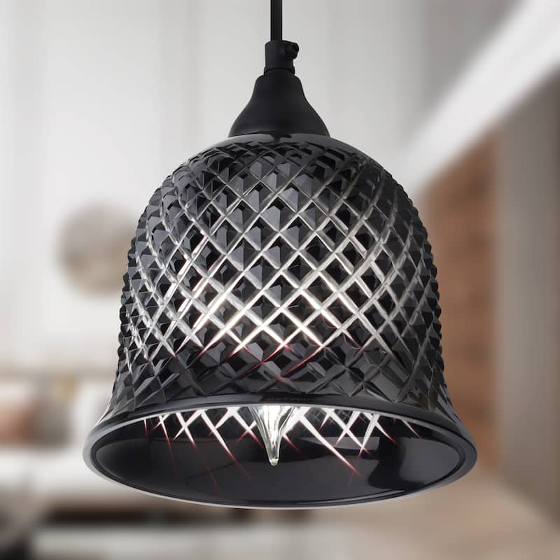 Gale River of Goods Black Metal and Hand-Blown Glass 7-Inch Pendant Light with Adjustable Hanging Cord - 7" x 7" x 63"