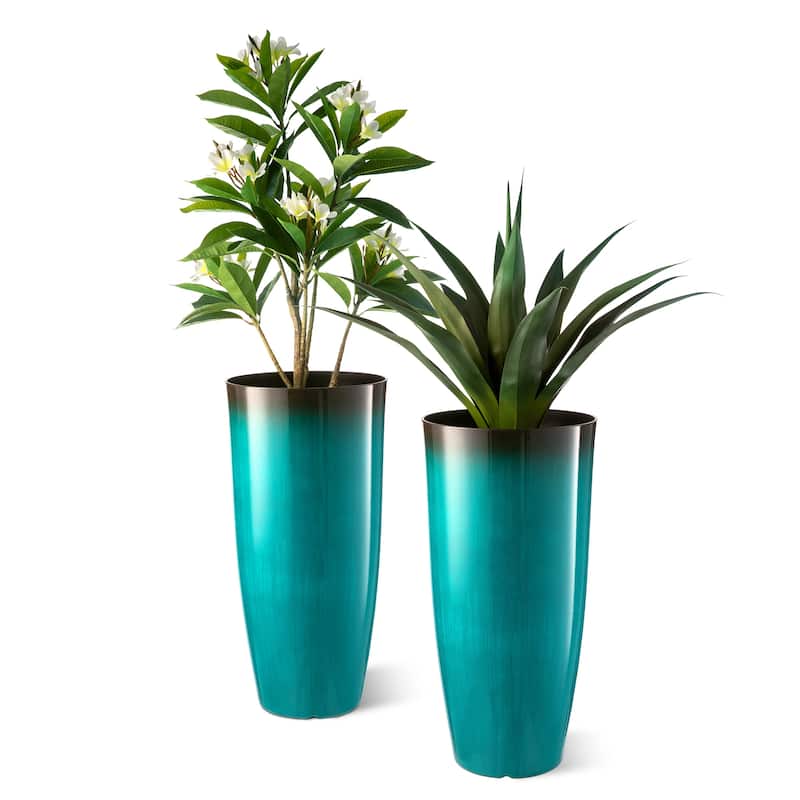 Glitzhome 30"H Set of 2 Tall Plastic Planter Large Flower Pots with Gradient Cobalt Blue / Turquoise Faux Ceramic Finish