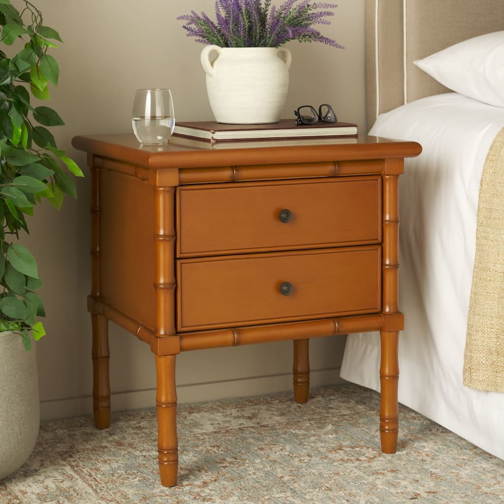 SAFAVIEH Paloma Navy Coastal 2-Drawer Bamboo Nightstand