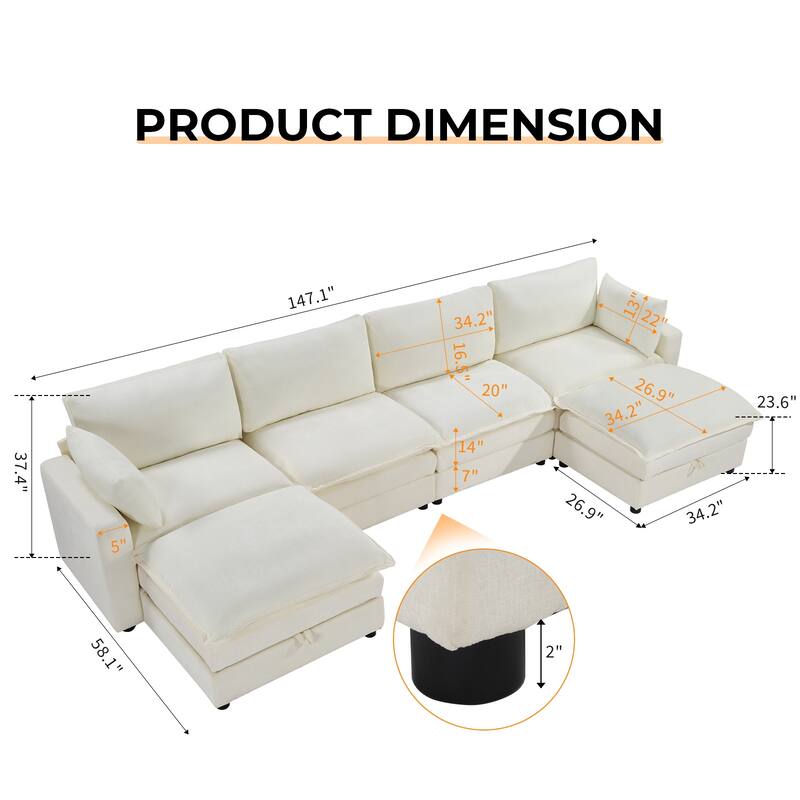 Modular Sectional Sofa for Living Room, U-Shaped Sofa Couch with Corduroy Fabric, 3/4 Seat Oversized Couch with Movable Ottoman