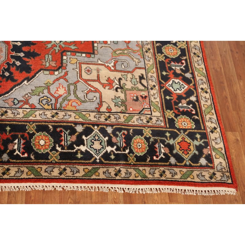 Geometric Heriz Serapi Indian Area Rug Hand-Knotted Wool Carpet - 8'11" x 12'1"