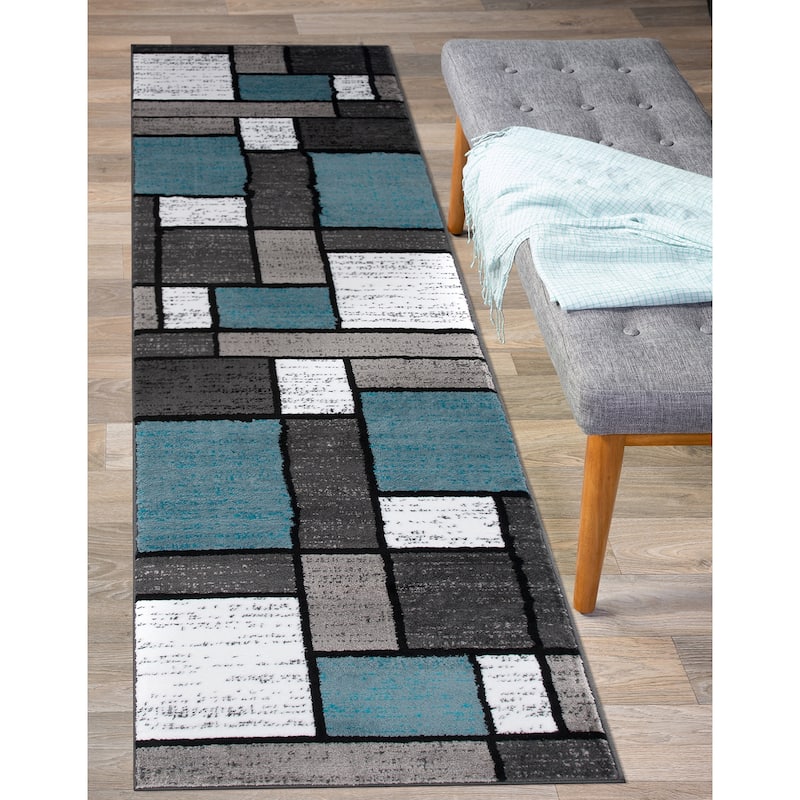 World Rug Gallery Contemporary Modern Boxed Color Block Area Rug - 2' x 10' Runner - Light Blue