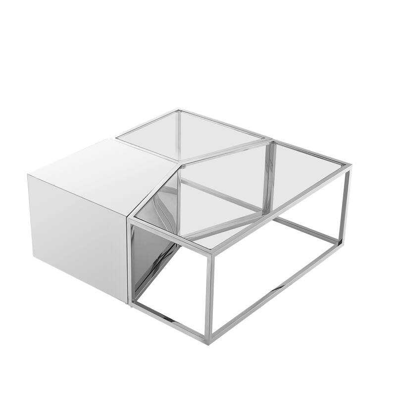 HomeRoots Set of Three 37" Clear And Silver Glass And Stainless Steel Mirrored Bunching Coffee Tables - 37.4