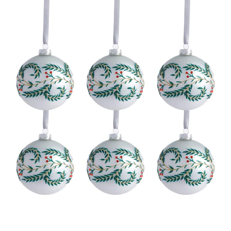 White Metallic Glass Ball Holiday Ornaments with Leaf Design, Set of 6, 4"