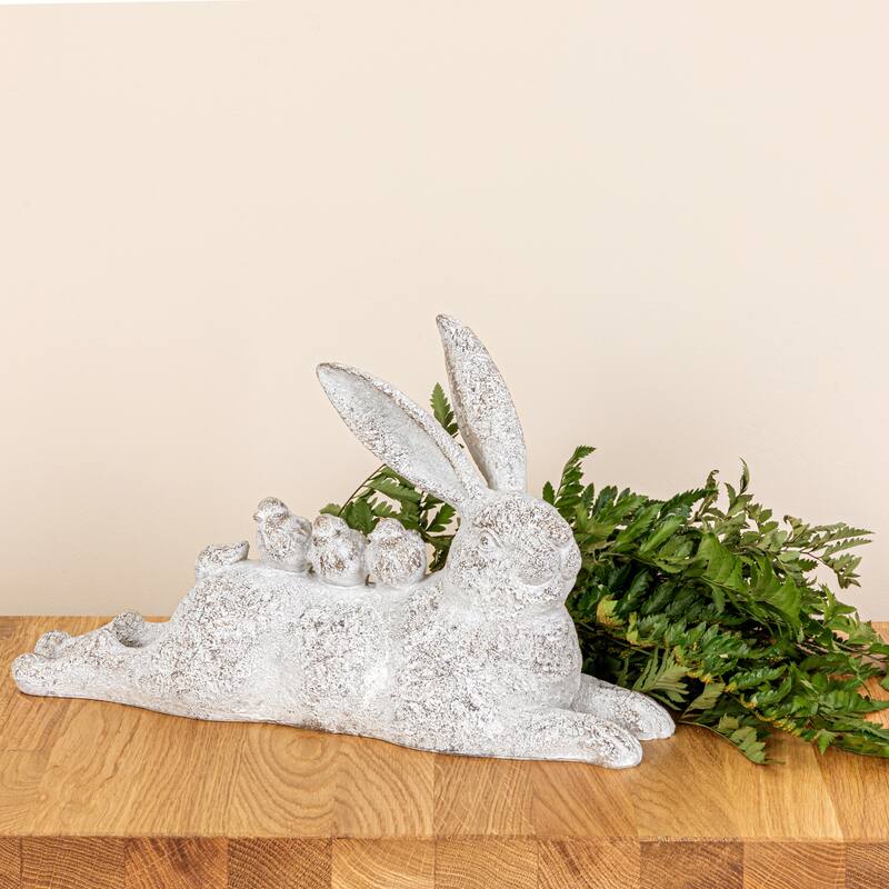Decorative Resting Rabbit with Birds Figurine