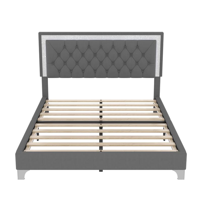 Queen Size LED Upholstered Bed Frame with Tufted Headboard, Modern Velvet Platform Bed, Gray