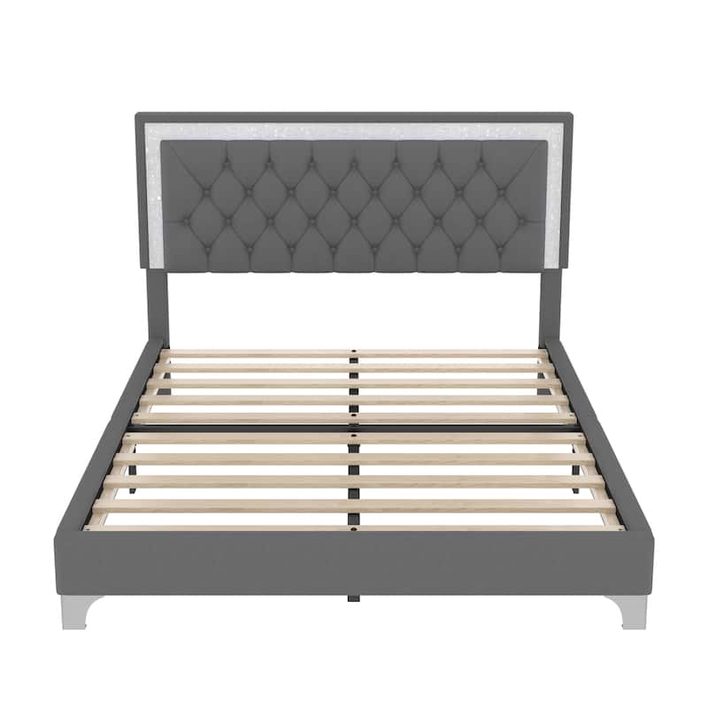 Queen Velvet Platform Bed Frame with LED Headboard - Pink