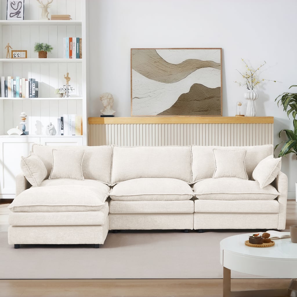 L Shaped Modular Sectional Sofa with Ottoman, Comfy Chenille Upholstered Cloud Couch, 4-Seat Deep Seat Sofa with Pillow