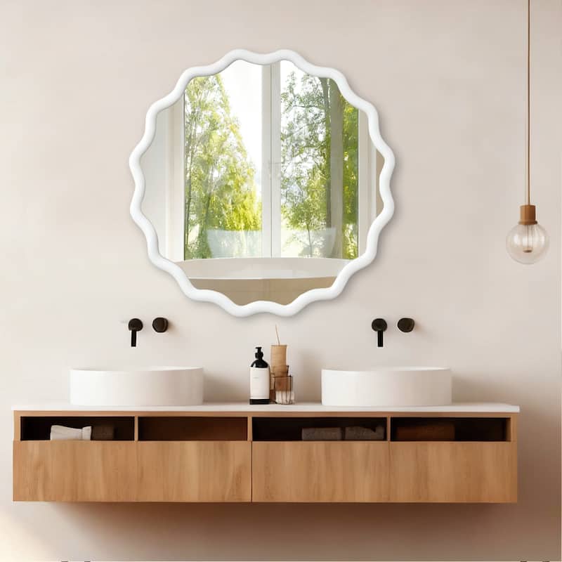Wavy Round Solid Wood Frame Decorative Mirror Modern Farmhouse Wall Mirror For Bedroom Bathroom Living Room Entryway - White - 36 in. W x 36 in. H