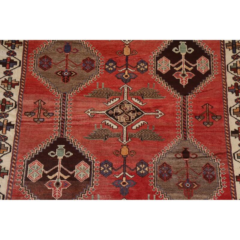 Hand Knotted Oriental 100% Wool Carpet Traditional Tribal Red Shiraz Area Rug - 9' 5'' X 5' 3''