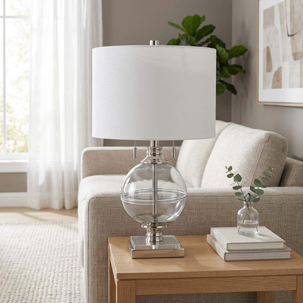 Round Glass Table Lamp with Linen Shade - 24", Clear & White - 24.0"