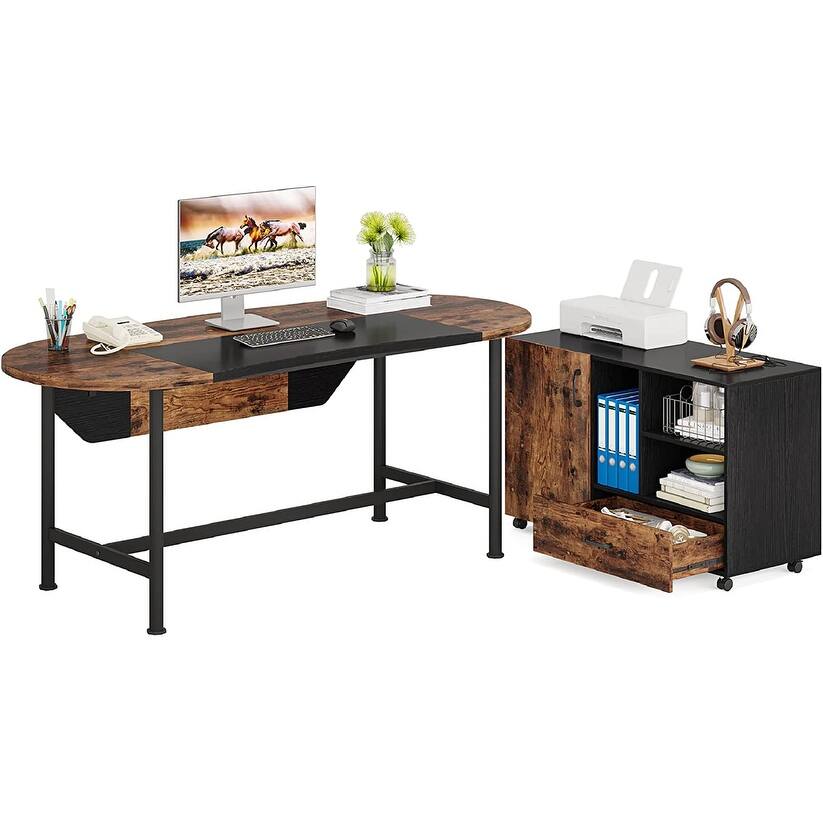 67 inch Large Executive Desk with Shelves and Drawer Cabinet, Home Office Workstation Furniture Set