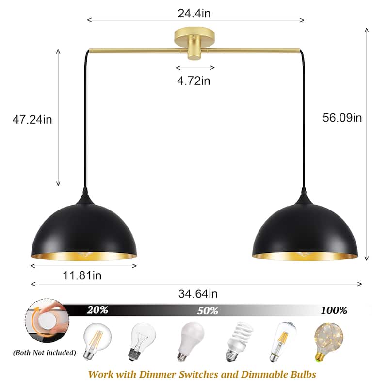34.64inch 2 Lights Modern Simple Design Pendant with Metal Shade for Living Room Kitchen Island