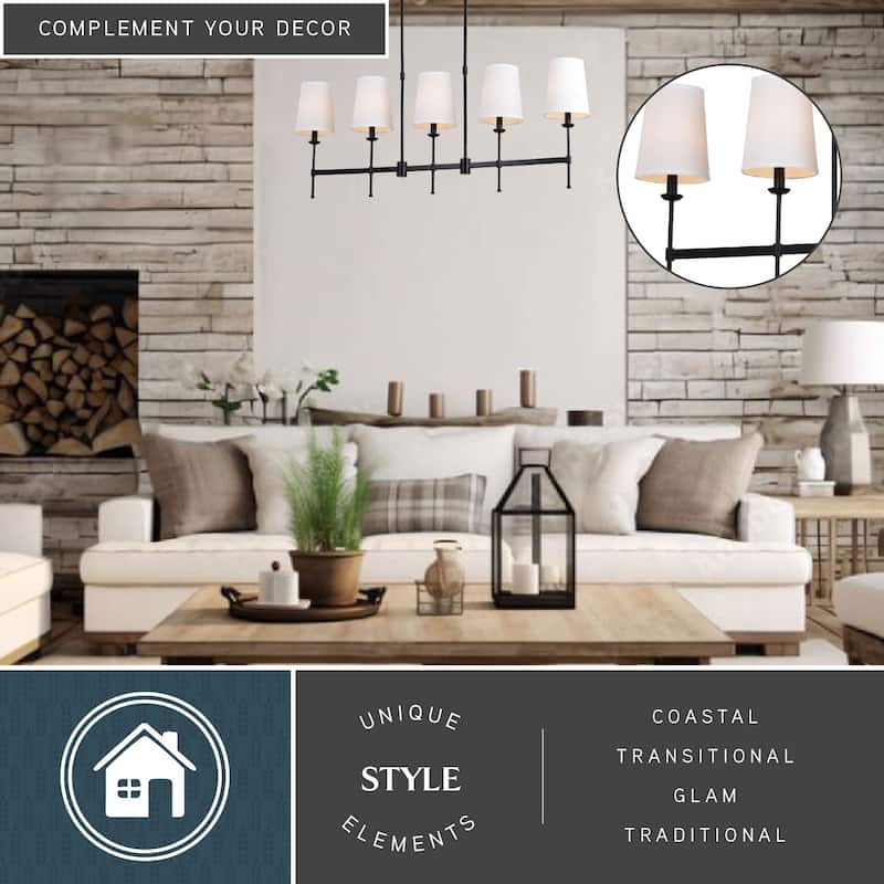 Camden 5 Light Matte Black Linear Chandelier Island Pendant Fixture White Fabric Shade, LED Compatible