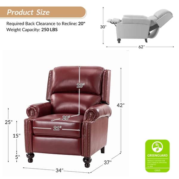 dimension image slide 6 of 10, HULALA HOME Gabriela Mid-Century Modern Genuine Leather Recliner with Tapered Block Solid Wood Feet