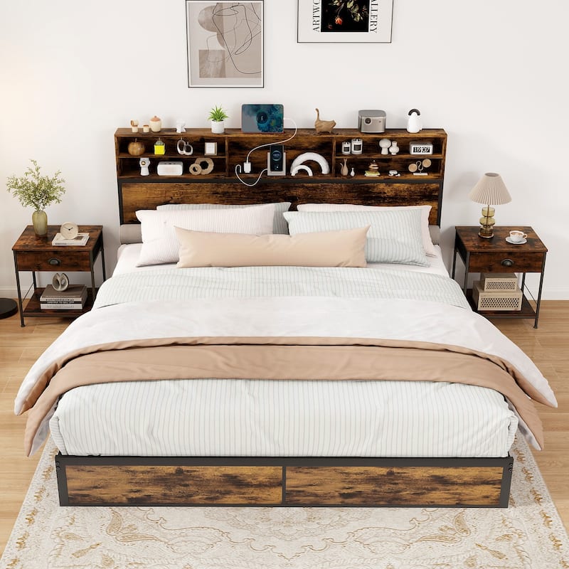 Metal Platform Bed Frame with Headboard Storage and USB Charging Ports