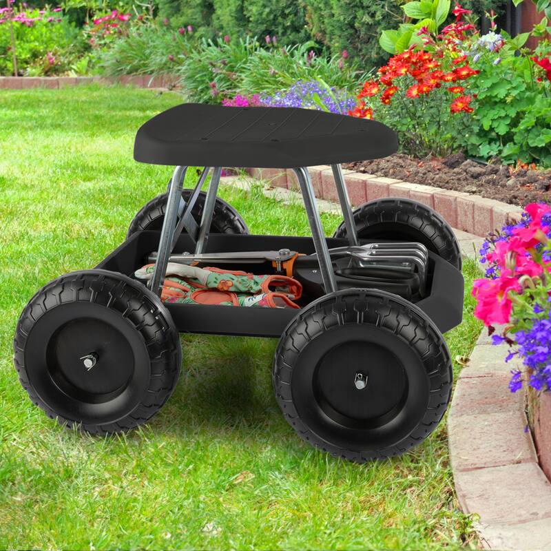 Gardening Stool - Rolling Garden Seat with Wheels and Storage Tool Tray by Pure Garden - Black