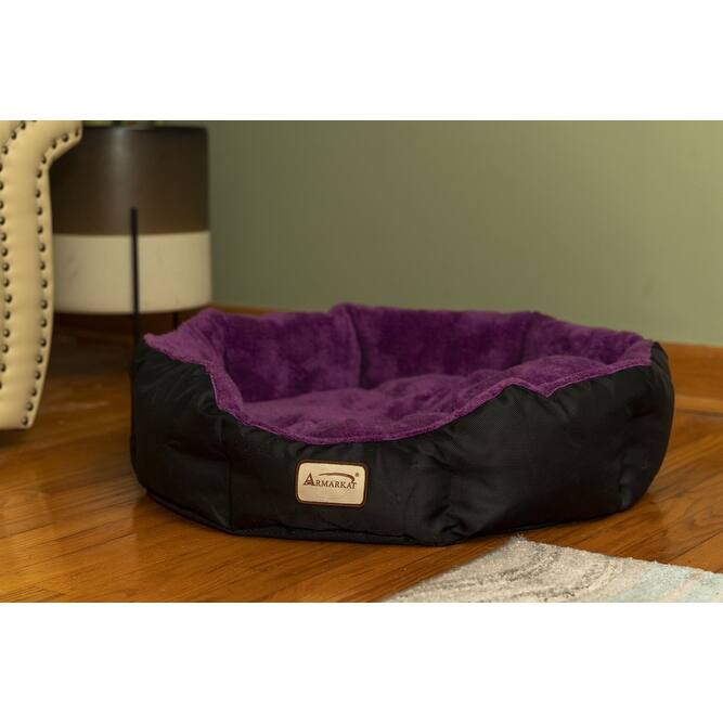 Large, Soft Cat Bed in Purple and Black - 23.5" (L) x 23.5" (W) x 9" (H)