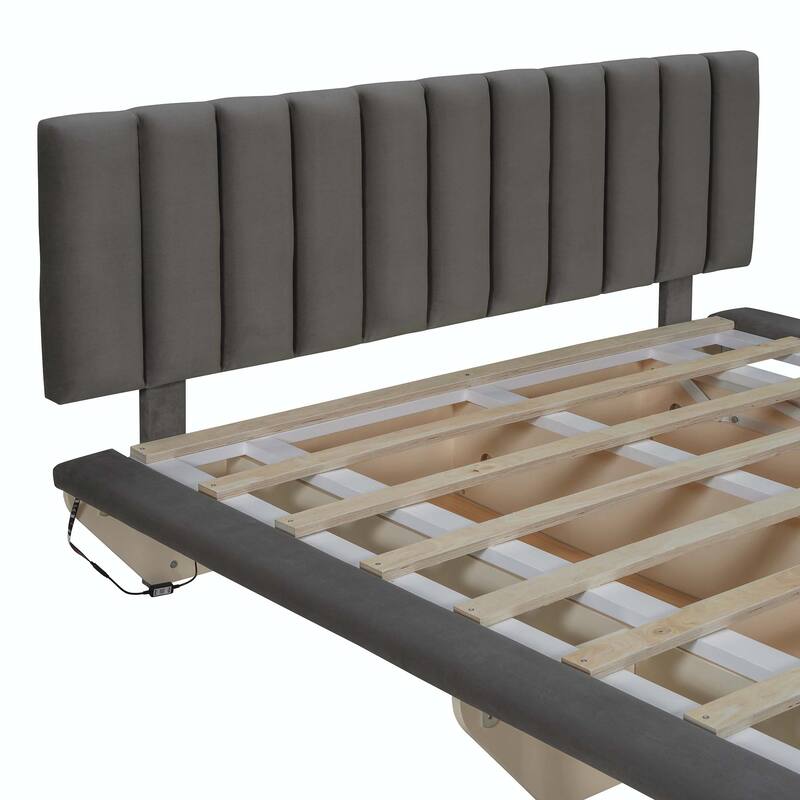 Queen Size Upholstered Floating Bed with LED Light and USB Port