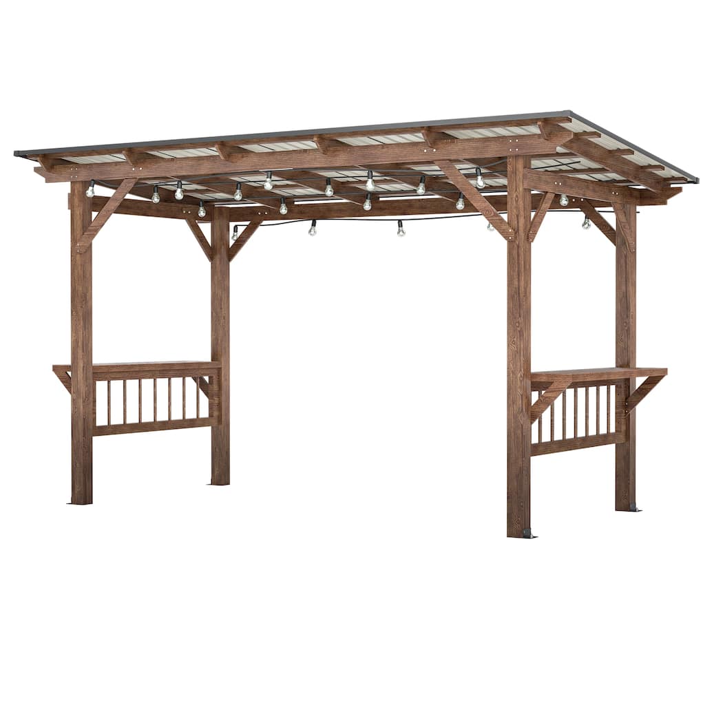 Pergola Grill Gazebo with Metal Roof, Bulbs & Bar Counters for Outdoor BBQ