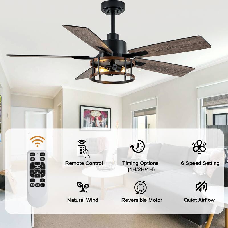 Bella Depot 52" Industrial Caged Ceiling Fan with Light and Remote 6-Speed Modern Reversible Large Fan DC Motor