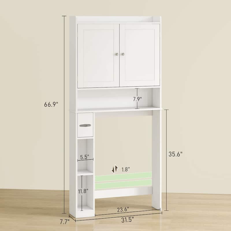 MDF Over Toilet Storage Cabinet with Doors and Adjustable Shelf - 31.5" W x 7.7" D x 66.9" H