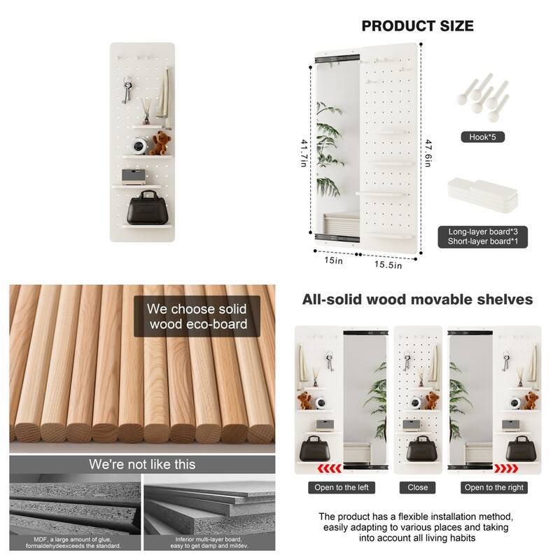 Wall Mounted Full Length Mirror with Shelf and Hook, Multifunctional Panel