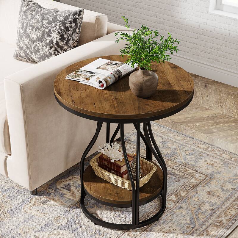 Round End Table, 2-Tier Side Tables, Modern Bedside Table, Small Chirside Tables for Couch Side