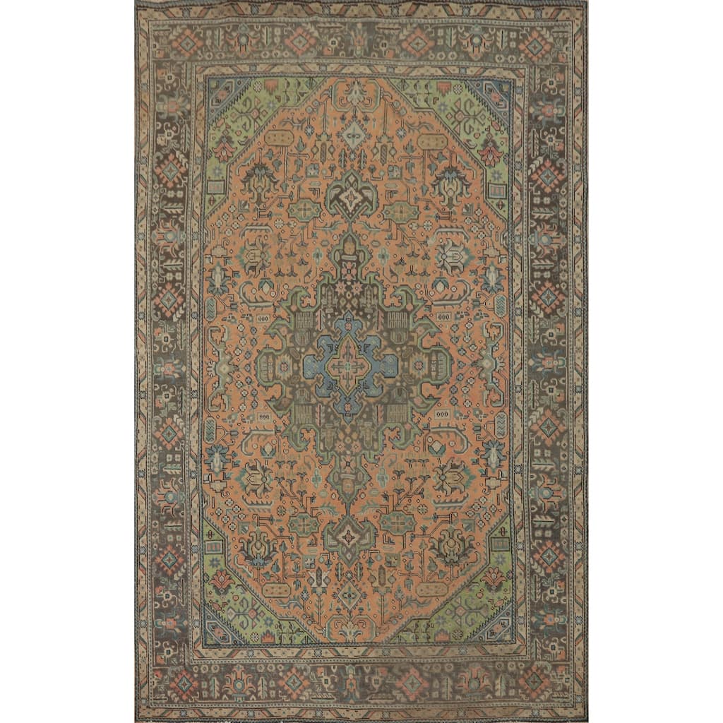 Hand Knotted Oriental 100% Wool Carpet Traditional Medallion Peach Tabriz Area Rug - 9' 5'' X 6' 5''