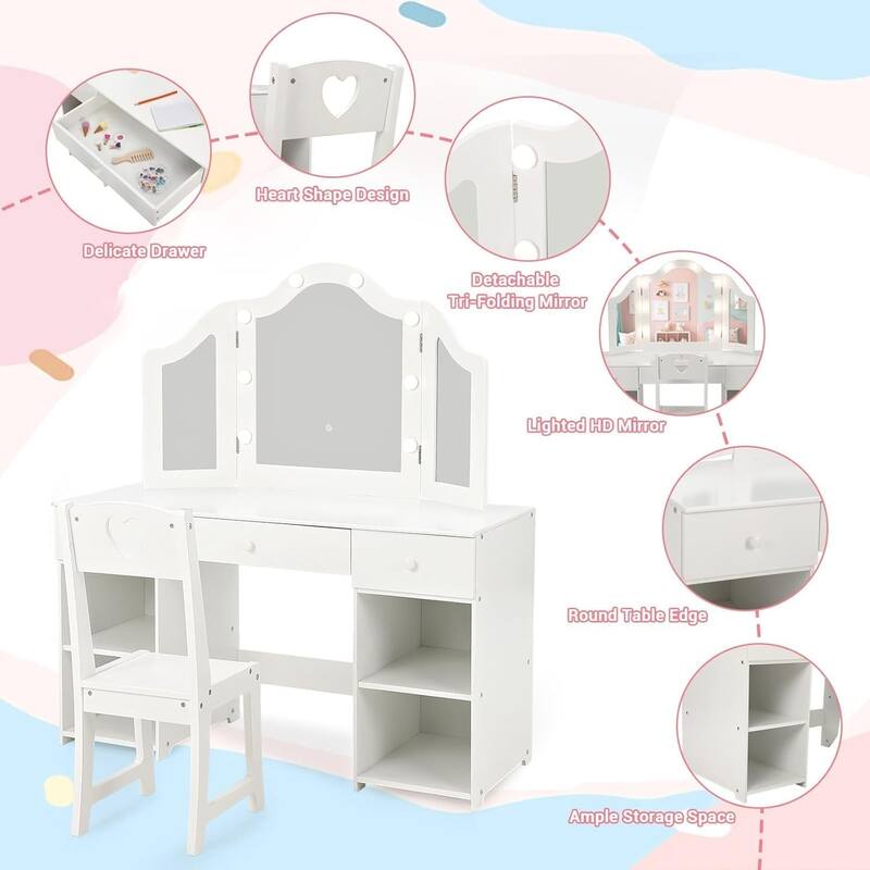 Kids Vanity Set, 2-in-1 Princess Makeup Table with Tri-Folding Mirror & Drawer