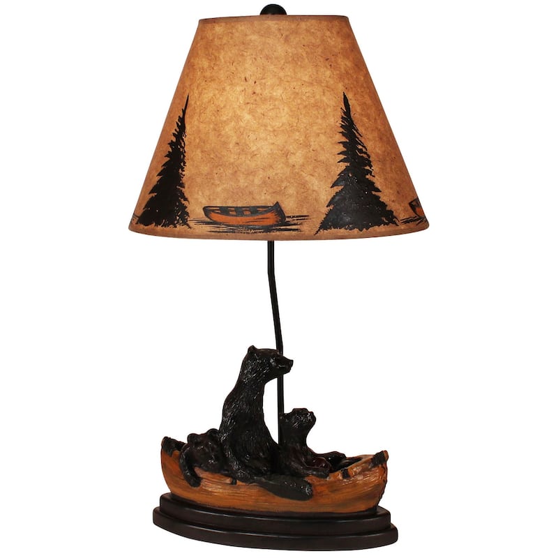 Rustic Bear Family in Canoe Table Lamp - Kodiak and Honey with Canoe Shade