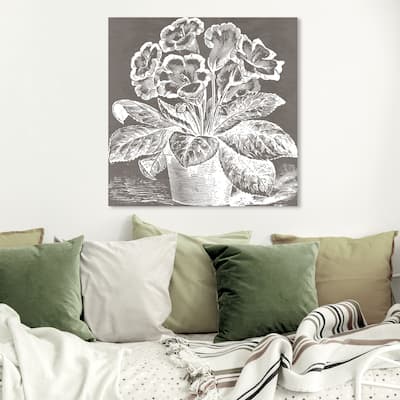 Wynwood Studio 'Potted Primrose Woodblock' Floral and Botanical Wall Art Canvas Print Florals - Gray, White