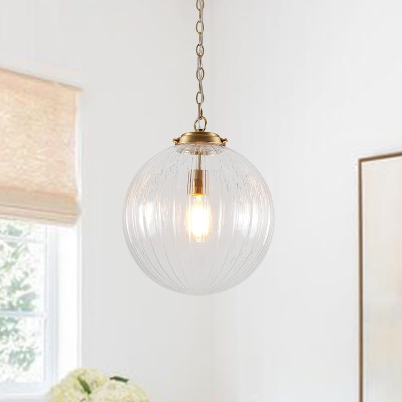 Modern 1-Light Striped Glass Globe Pendant For Kitchen Island - N/A - Brushed Brass