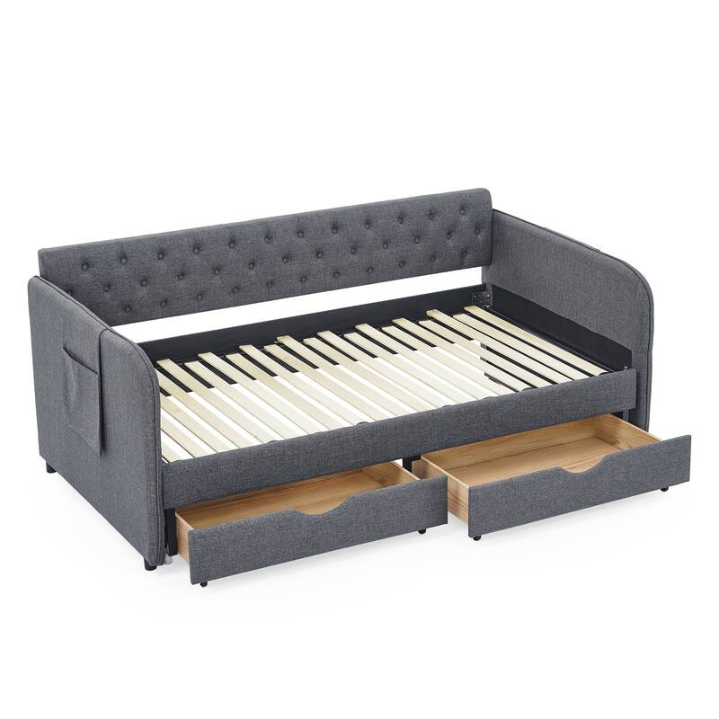 Upholstery Daybed with Trundle Bed and 2 Storage Drawers, Flat Arms with Pocket
