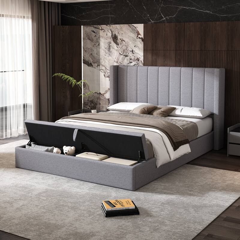 Queen Size Platform Bed with Vertical Channel Wingback Headboard - Upholstered Bed with Footboard Storage, Grey Linen Fabric Bed - Grey - Queen