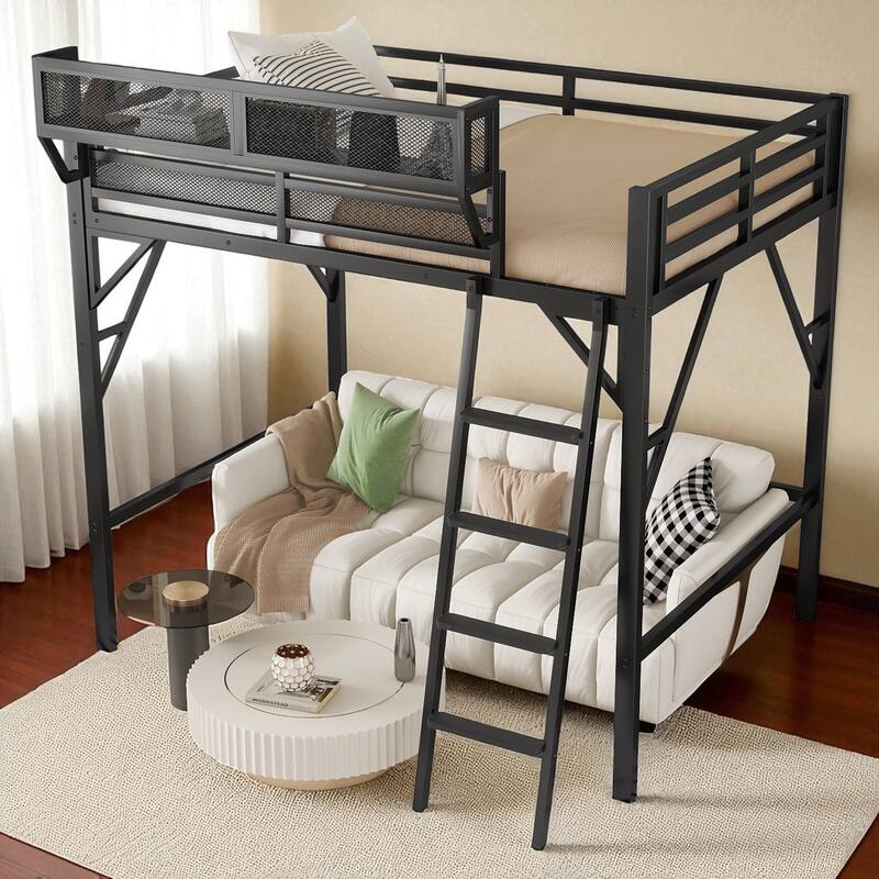 Full Size Metal Loft Bed with Ladder & Upper Storage Shelf, 55 in Clearance, Guardrails, 300 lb Capacity