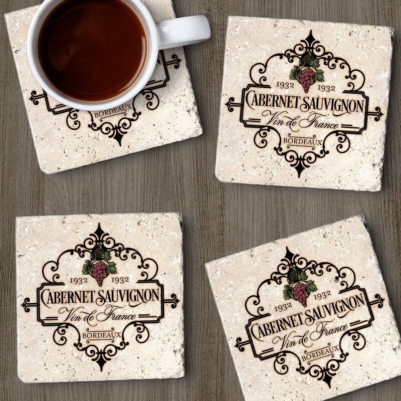 Vin De France 4 Pack Natural Travertine Absorbent Stone Coasters with Protective Cork Backing Manufactured in The USA