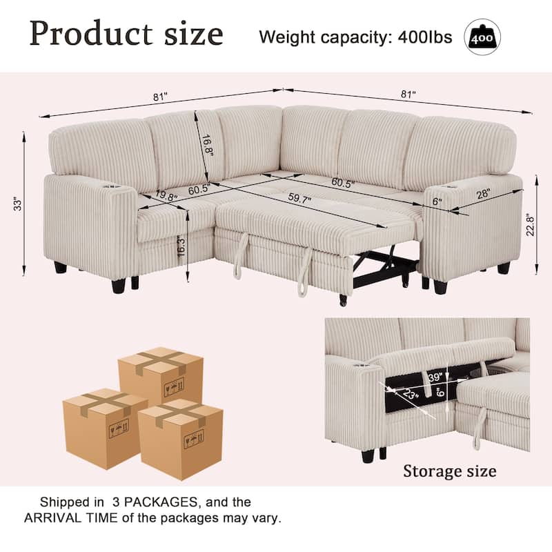 L-Shaped 5-Seat Sofa Bed, Convertible with USB, Beige Corduroy, Storage