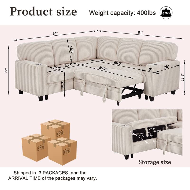 Oversized Corduroy Sectional Sleeper Sofa with Pull-Out Bed, L-Shaped 5-Seater Upholstered Couch Bed with USB Charging Ports