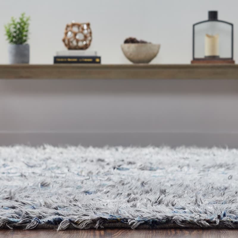 Abstract Tribal Shag Blue/Grey Area Rug