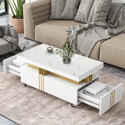 Coffee Table with 2 Storage Drawers, Rectangle Cocktail Table Center Table with Caster Wheel for living Rooms, Offices, Lounges