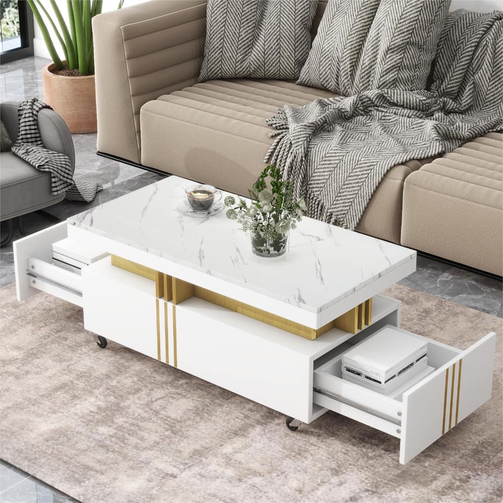 Contemporary Coffee Table with Faux Marble Top, Rectangle Cocktail Table with Caster Wheels