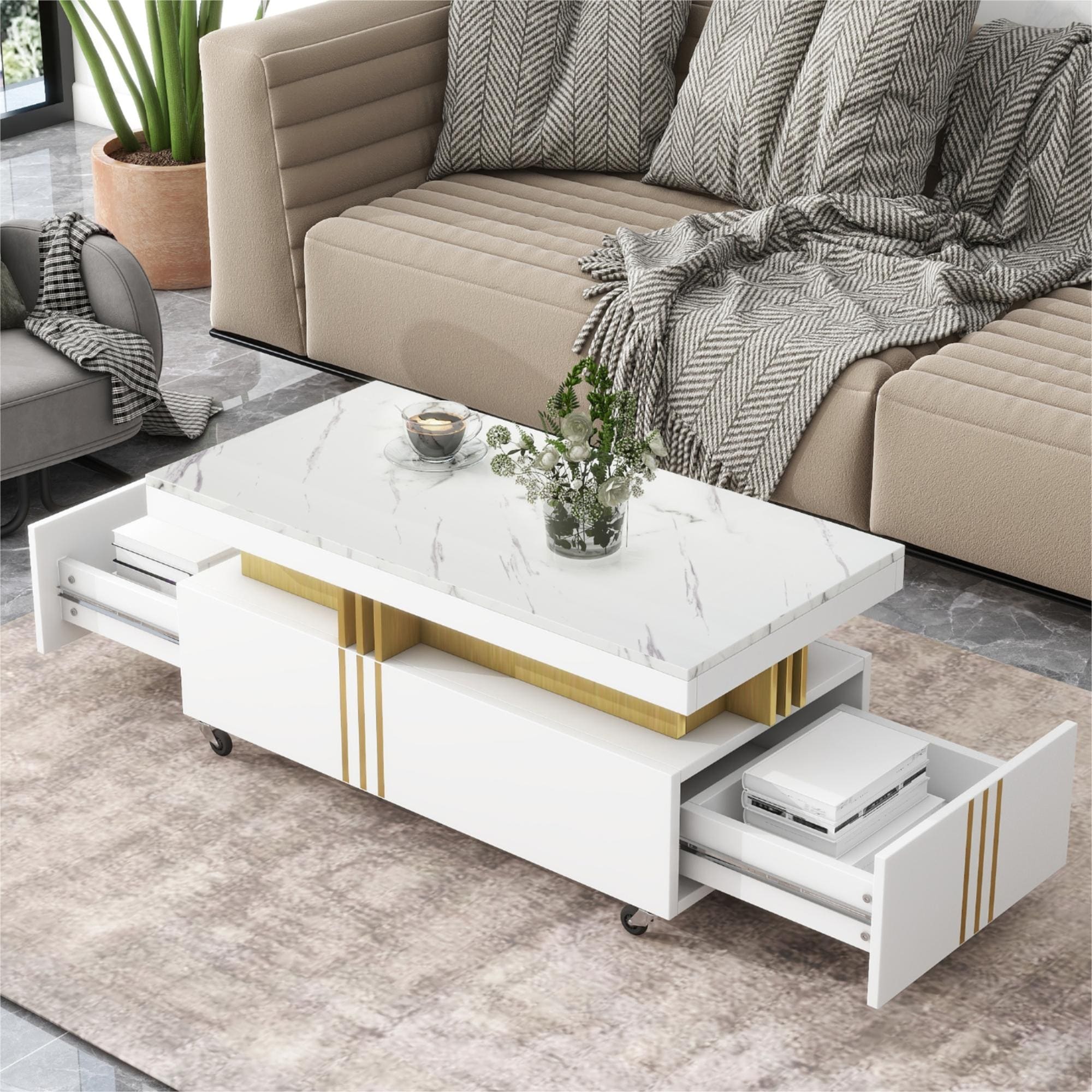 Roomfitters Rectangle Coffee Table with Faux Marble Top, Modern