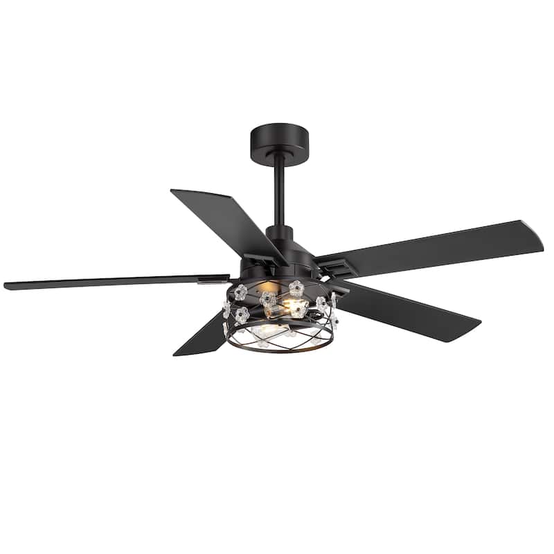 52" Black Wood Modern Floral Indoor Ceiling Fan Chandelier with Remote